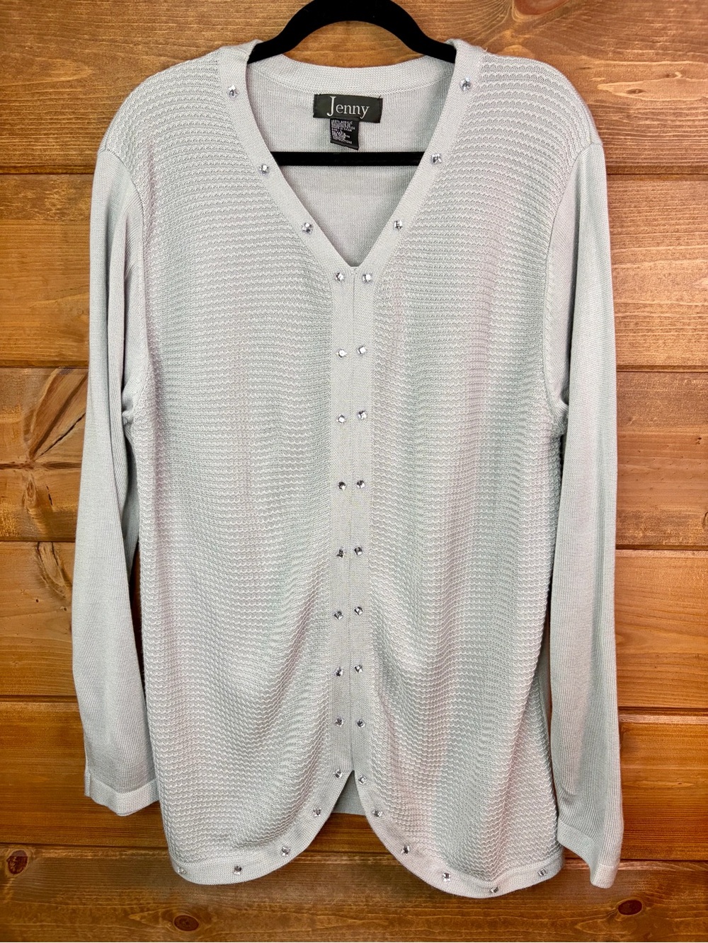 Jenny Silver Gray Rhinestone Embellished Dolman Lightweight Sweater Tunic Large